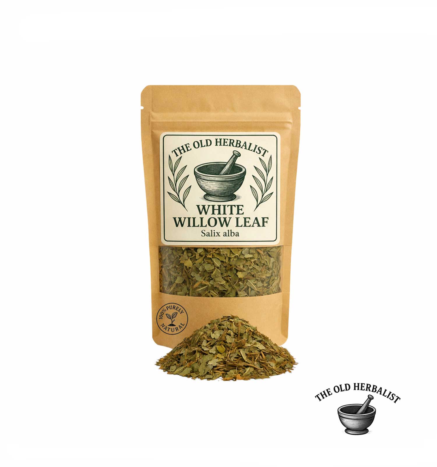 Dried white willow leaves in kraft pouch – herbal ingredient.