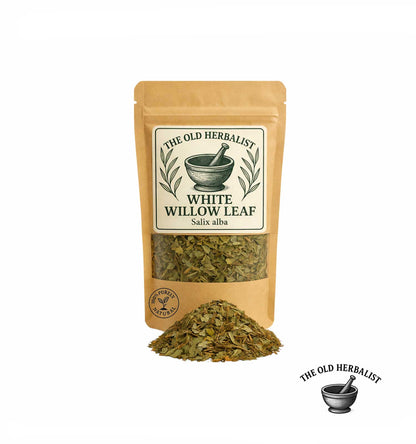 Dried white willow leaves in kraft pouch – herbal ingredient.