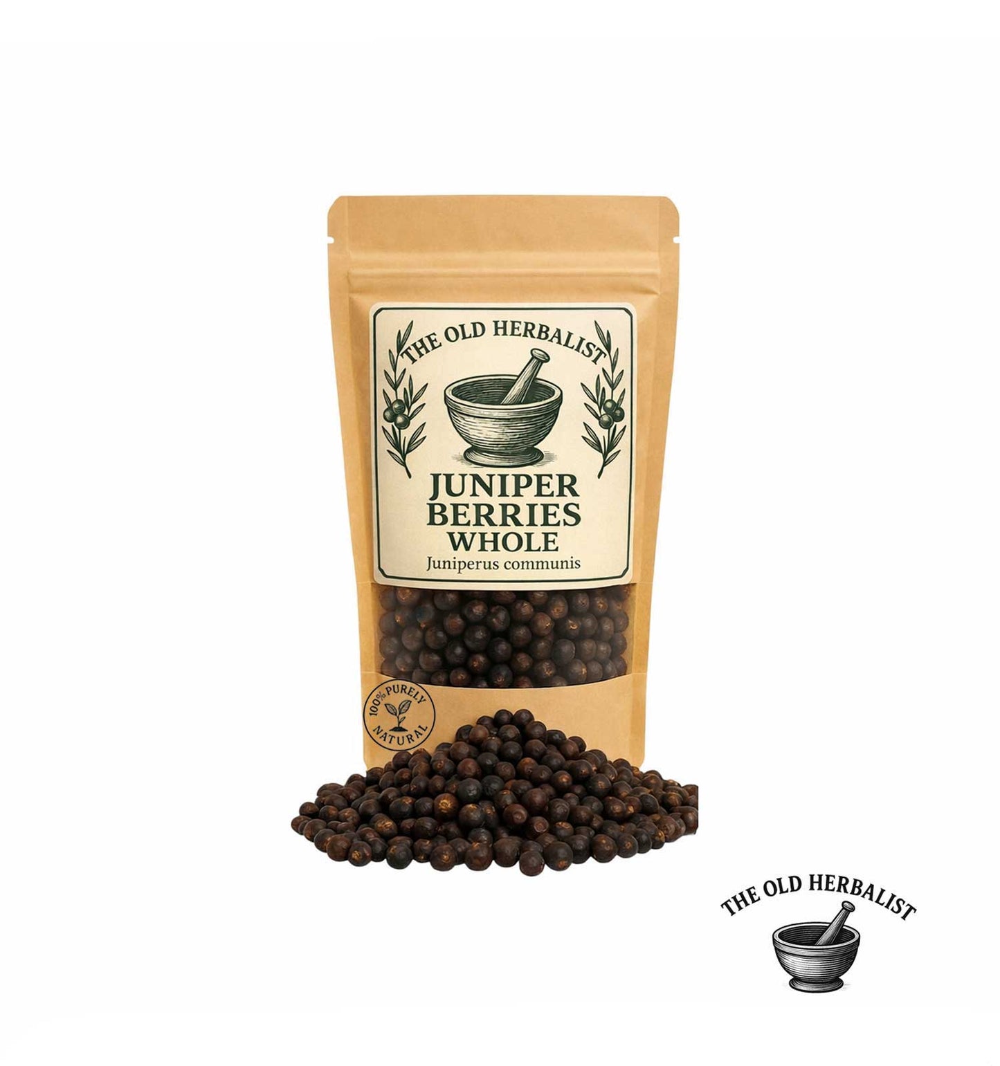 Whole dried juniper berries in kraft pouch – natural herbal spice.
