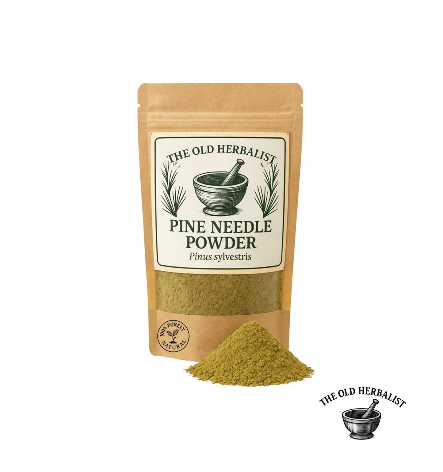 Pine needle powder in kraft pouch – Pinus sylvestris herbal powder.

