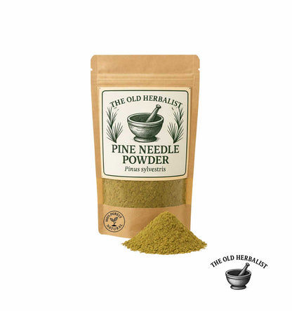 Pine needle powder in kraft pouch – Pinus sylvestris herbal powder.
