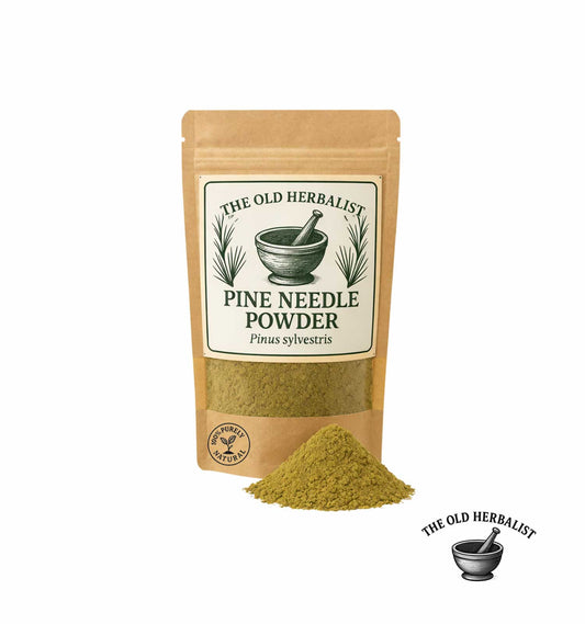Pine needle powder in kraft pouch – Pinus sylvestris herbal powder.
