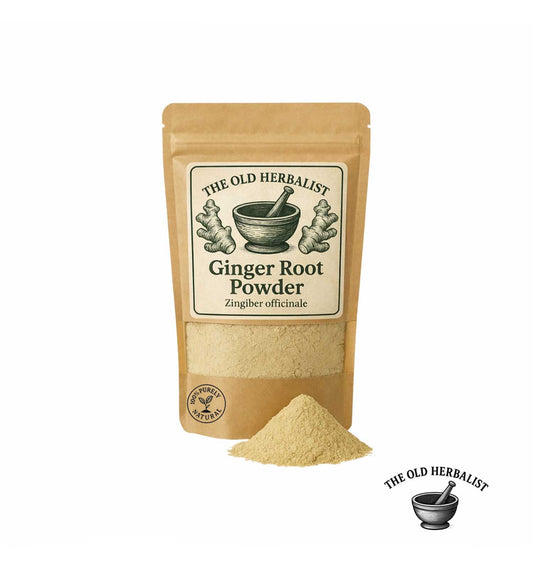 Dried ginger root powder in kraft pouch – herbal spice.
