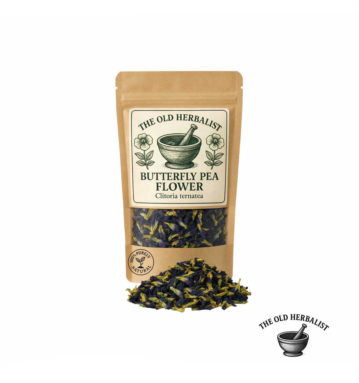 Dried butterfly pea flowers in kraft pouch – herbal tea ingredient.
