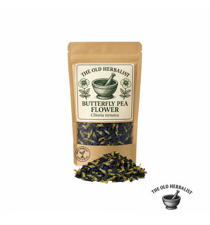 Dried butterfly pea flowers in kraft pouch – herbal tea ingredient.
