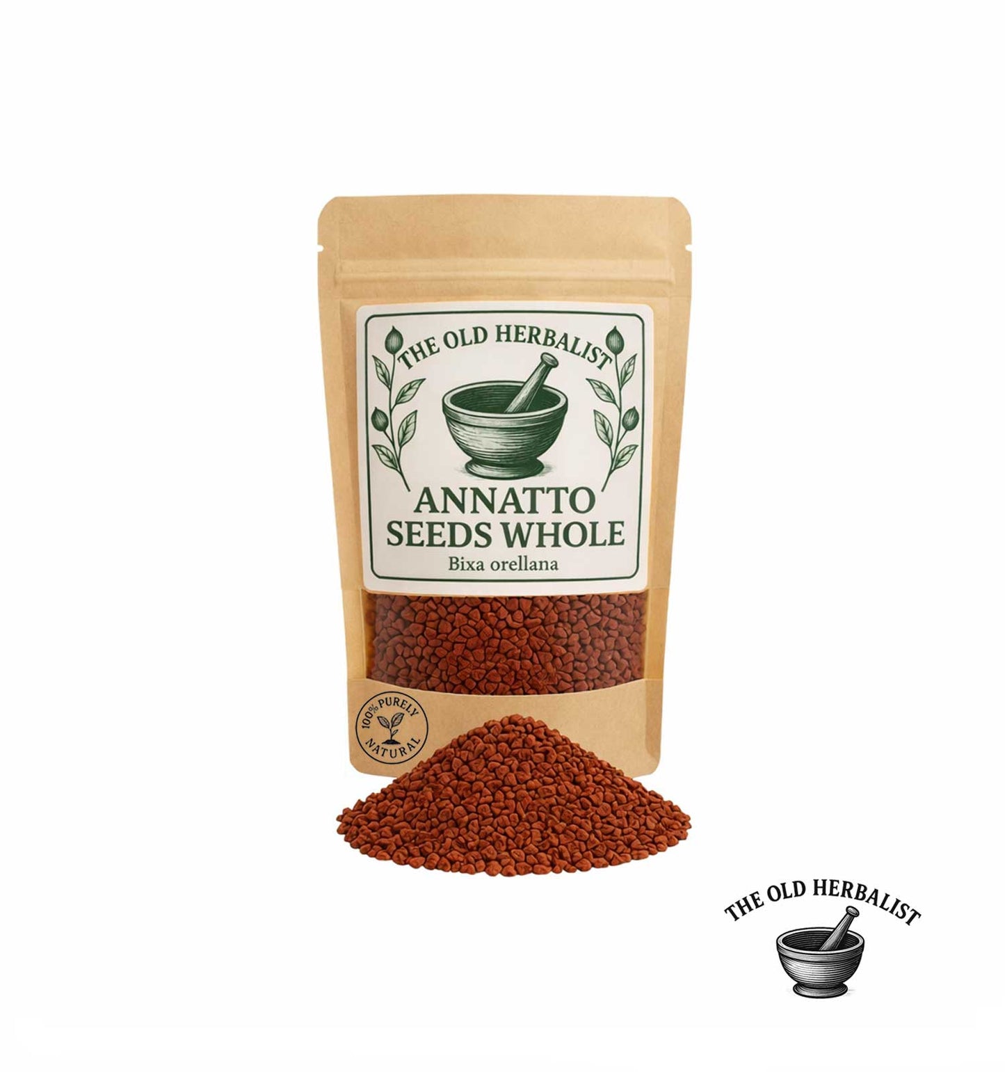 Dried annatto seeds in kraft pouch – natural culinary spice.