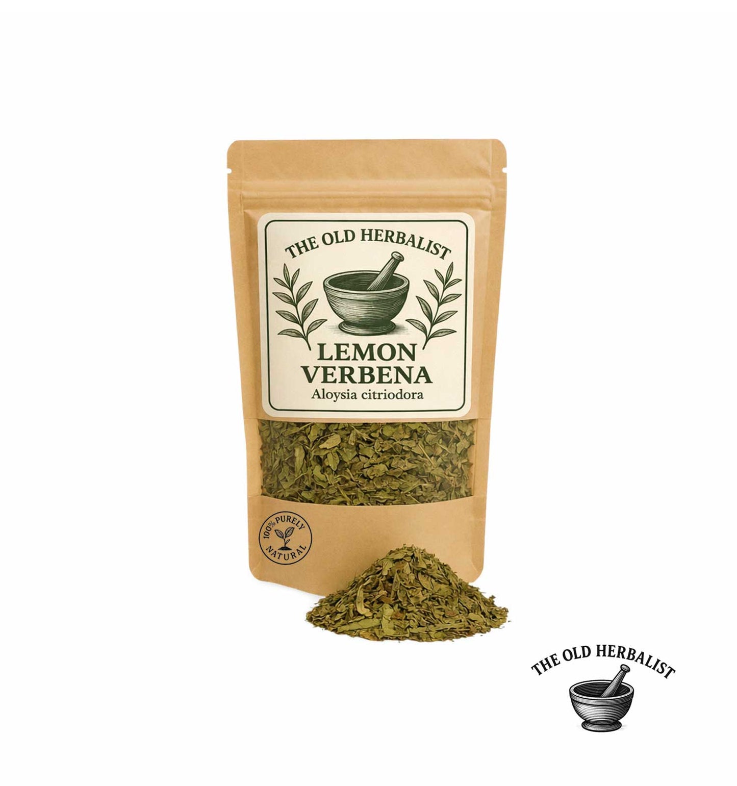 Dried lemon verbena leaves in kraft pouch – herbal tea ingredient.
