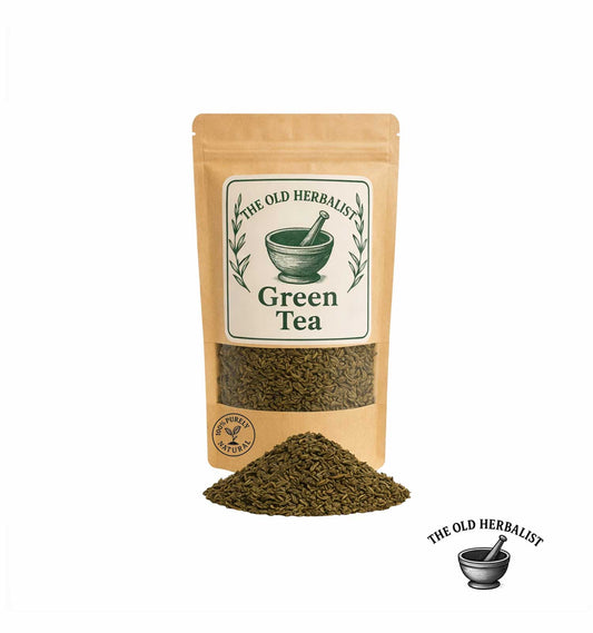 Gunpowder green tea leaves in kraft pouch – loose leaf herbal tea.
