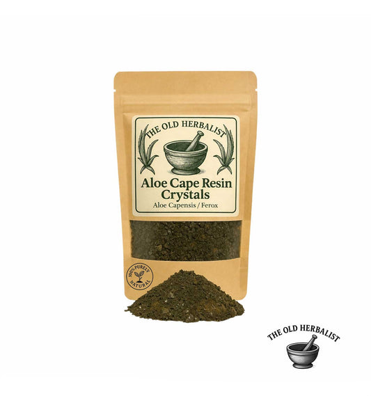 Aloe Cape resin crystals in kraft pouch – Aloe ferox herbal resin.

