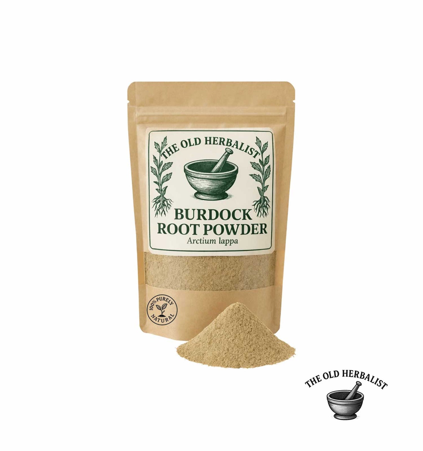 Burdock root powder in kraft pouch – natural herbal ingredient.
