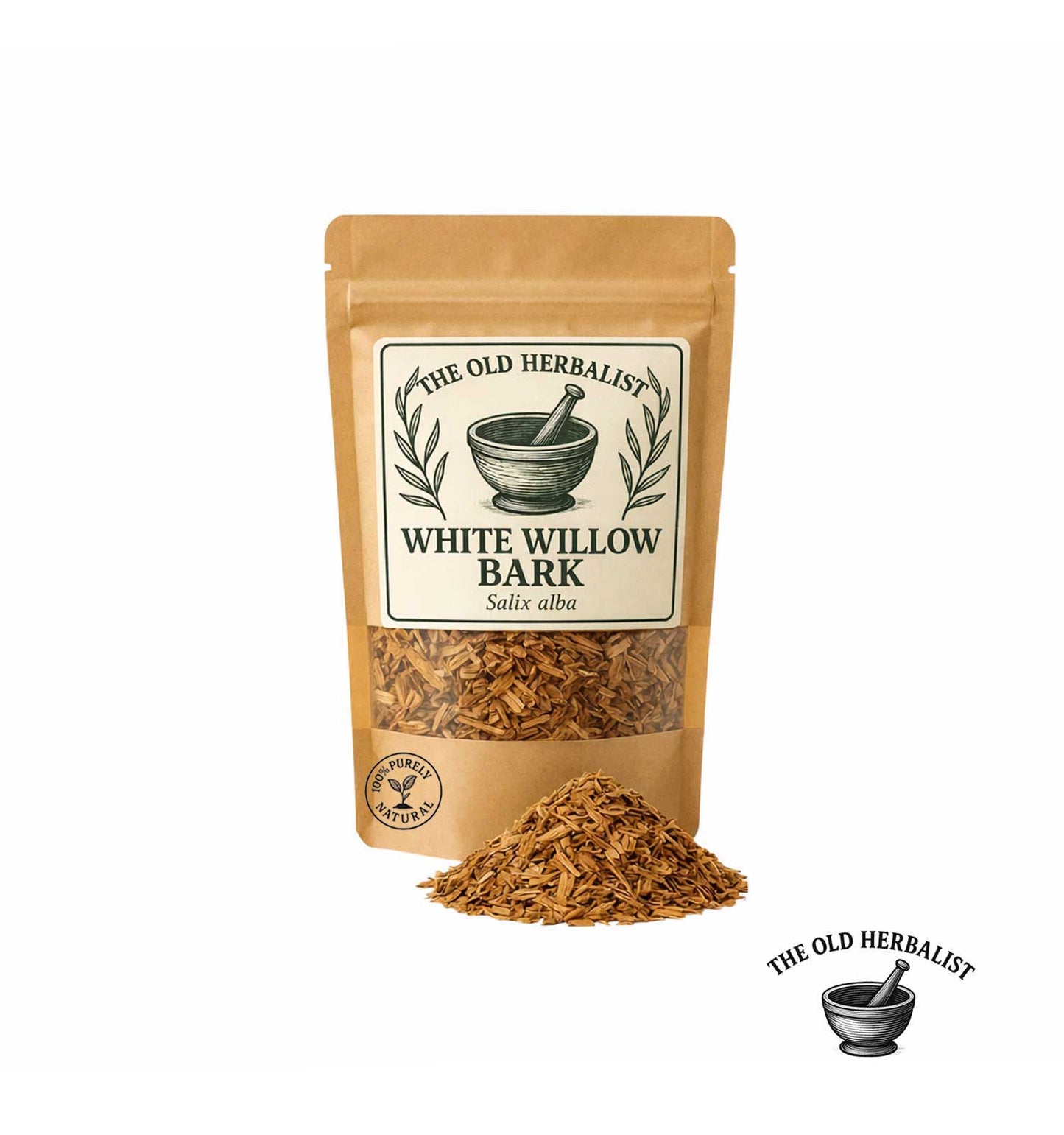 Dried white willow bark in kraft pouch – herbal ingredient.
