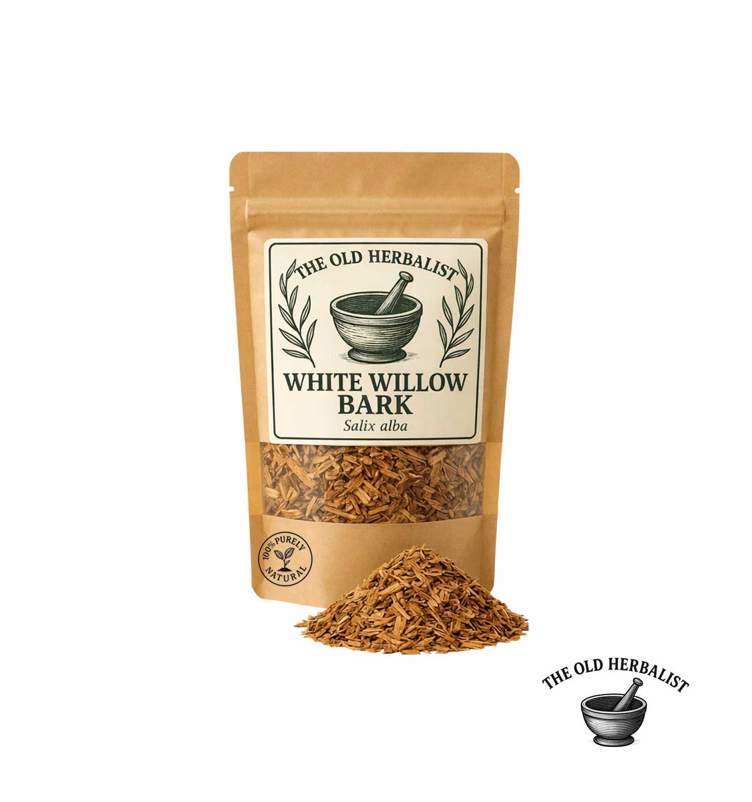 Dried white willow bark in kraft pouch – herbal ingredient.
