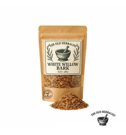 Dried white willow bark in kraft pouch – herbal ingredient.
