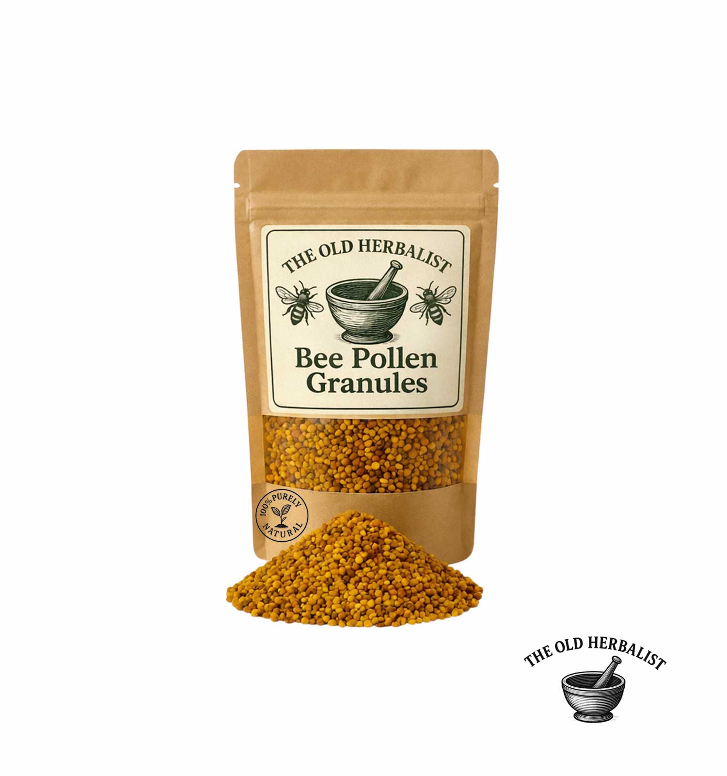 Dried bee pollen granules in kraft pouch – natural bee product.