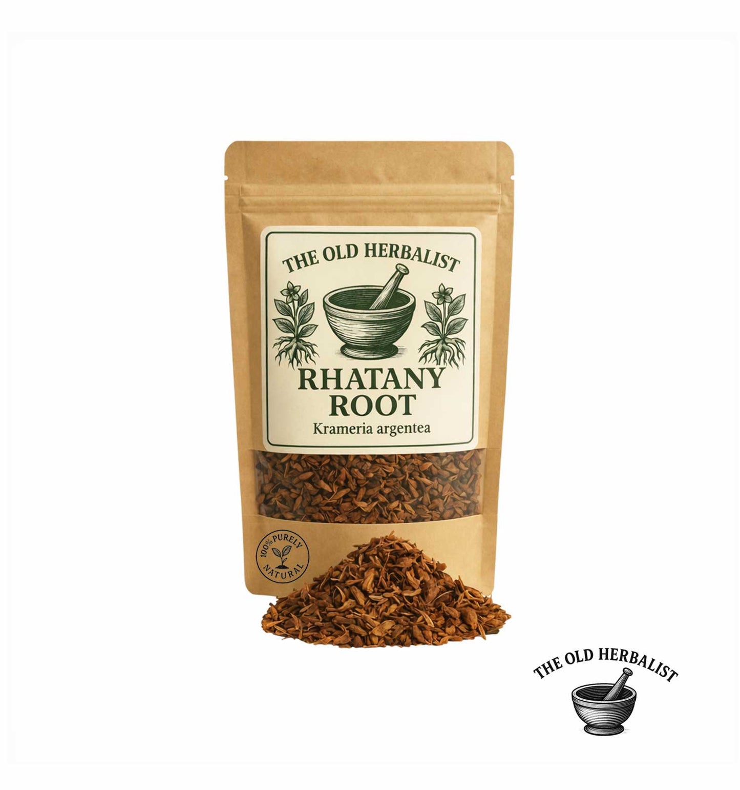 Dried rhatany root pieces in kraft pouch – herbal root from Peru.
