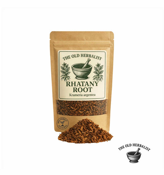 Dried rhatany root pieces in kraft pouch – herbal root from Peru.
