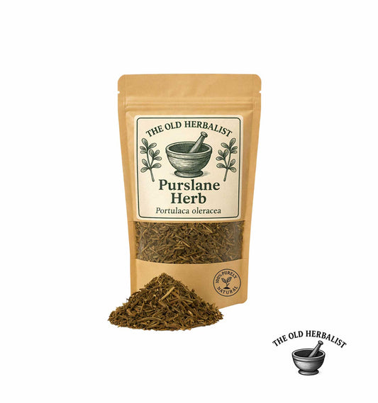 Dried purslane herb in kraft pouch – Portulaca oleracea.
