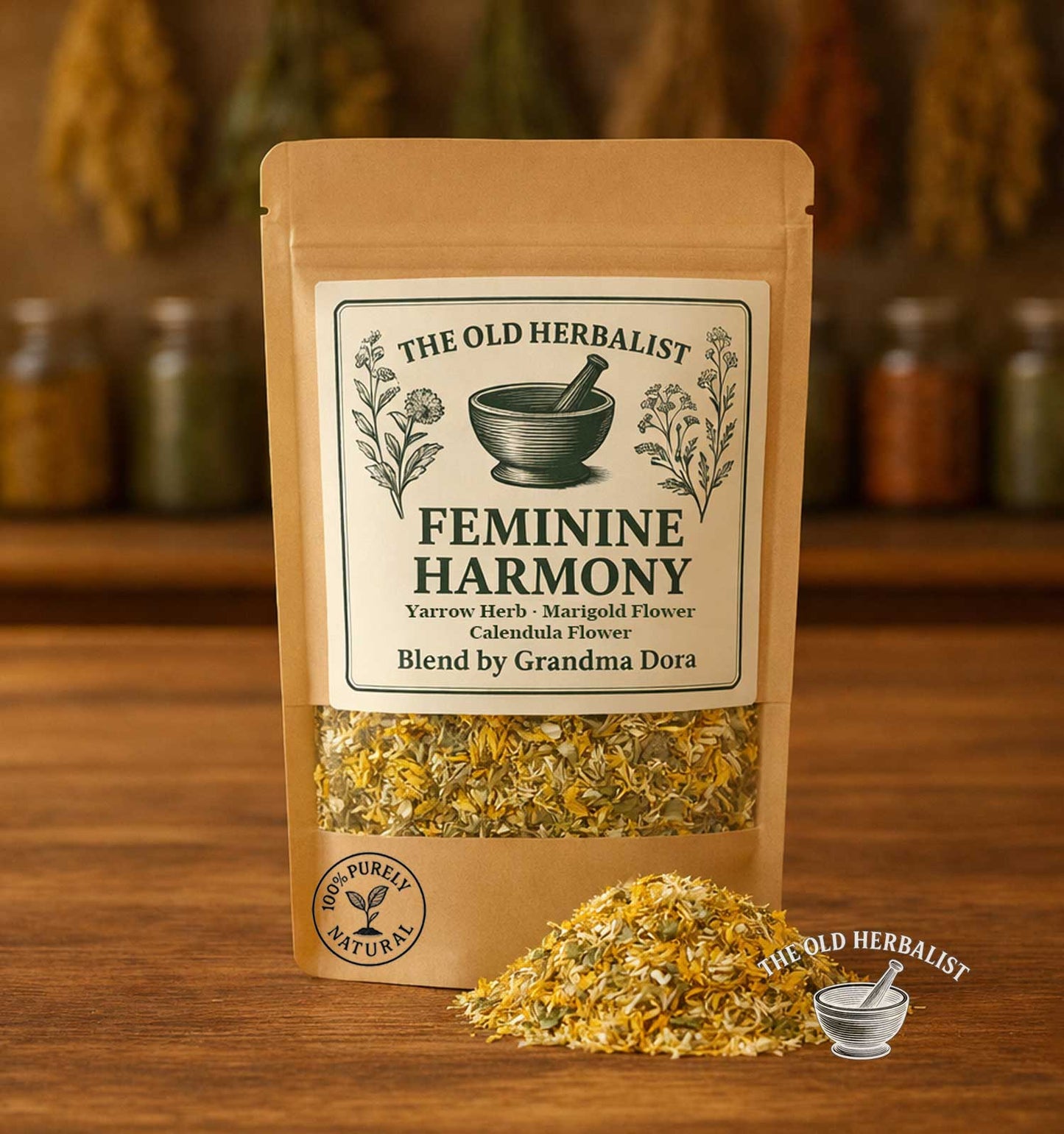 Feminine Harmony herbal tea in kraft pouch – yarrow and calendula blend.
