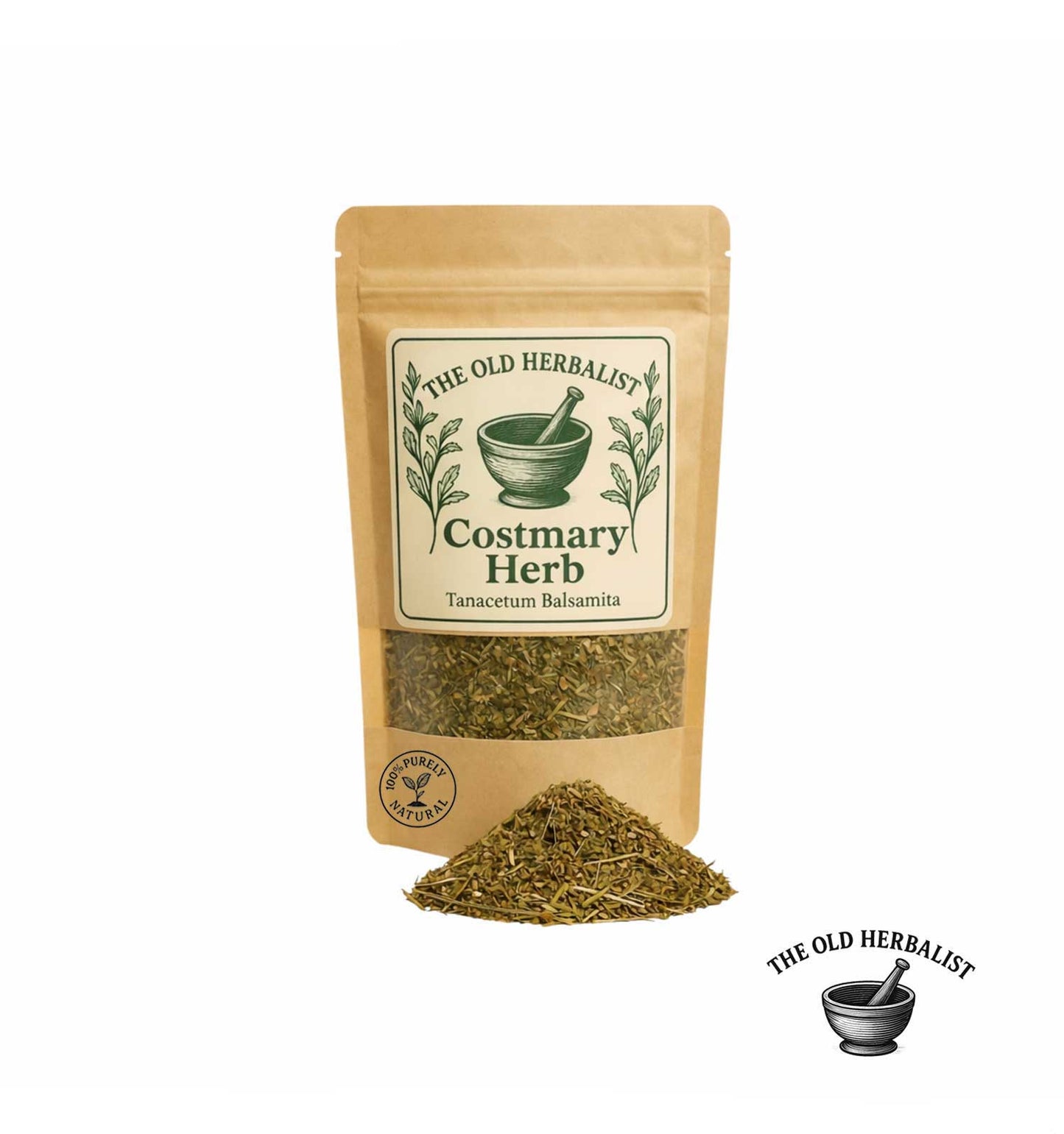 Dried costmary herb in kraft pouch – traditional aromatic herb.
