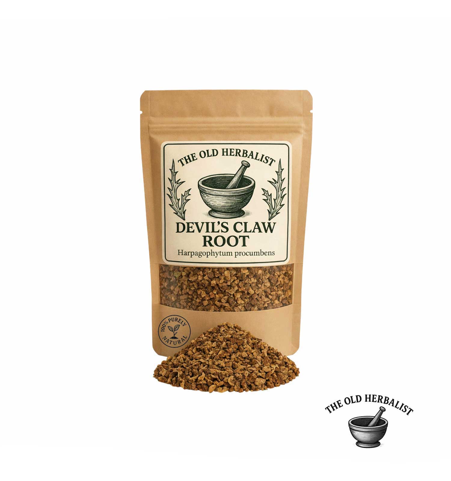 Dried Devil’s Claw root in kraft pouch – herbal root ingredient.
