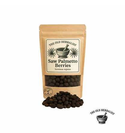 Dried saw palmetto berries in kraft pouch – herbal ingredient.
