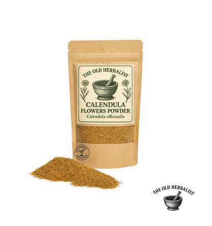 Dried calendula flowers powder in kraft pouch – herbal ingredient.
