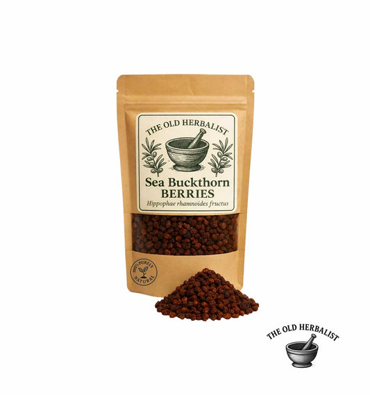 Bag of Sea Buckthorn Berries with packaging label on a white background