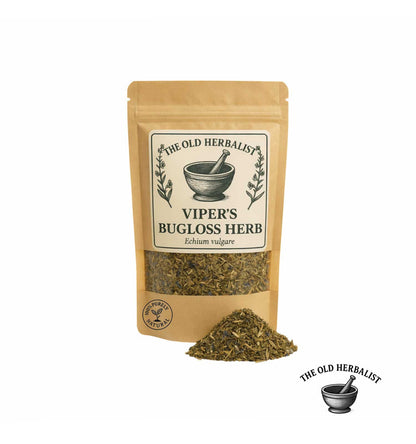 Dried viper’s bugloss herb in kraft pouch – natural herbal ingredient.
