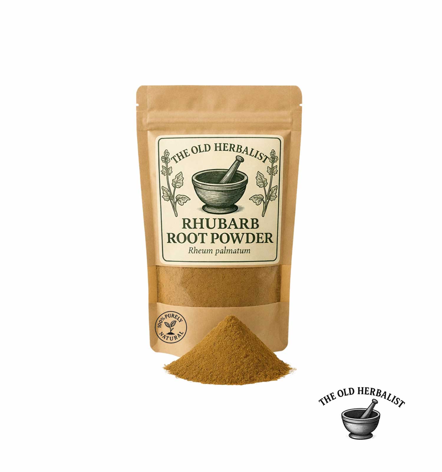 Dried  rhubarb root powder in kraft pouch – herbal root ingredient.