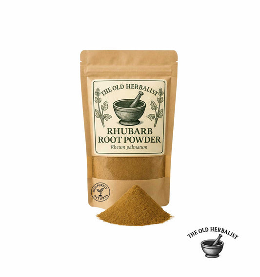 Dried  rhubarb root powder in kraft pouch – herbal root ingredient.