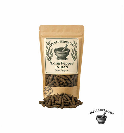 Dried Indian long pepper in kraft pouch – aromatic culinary spice.