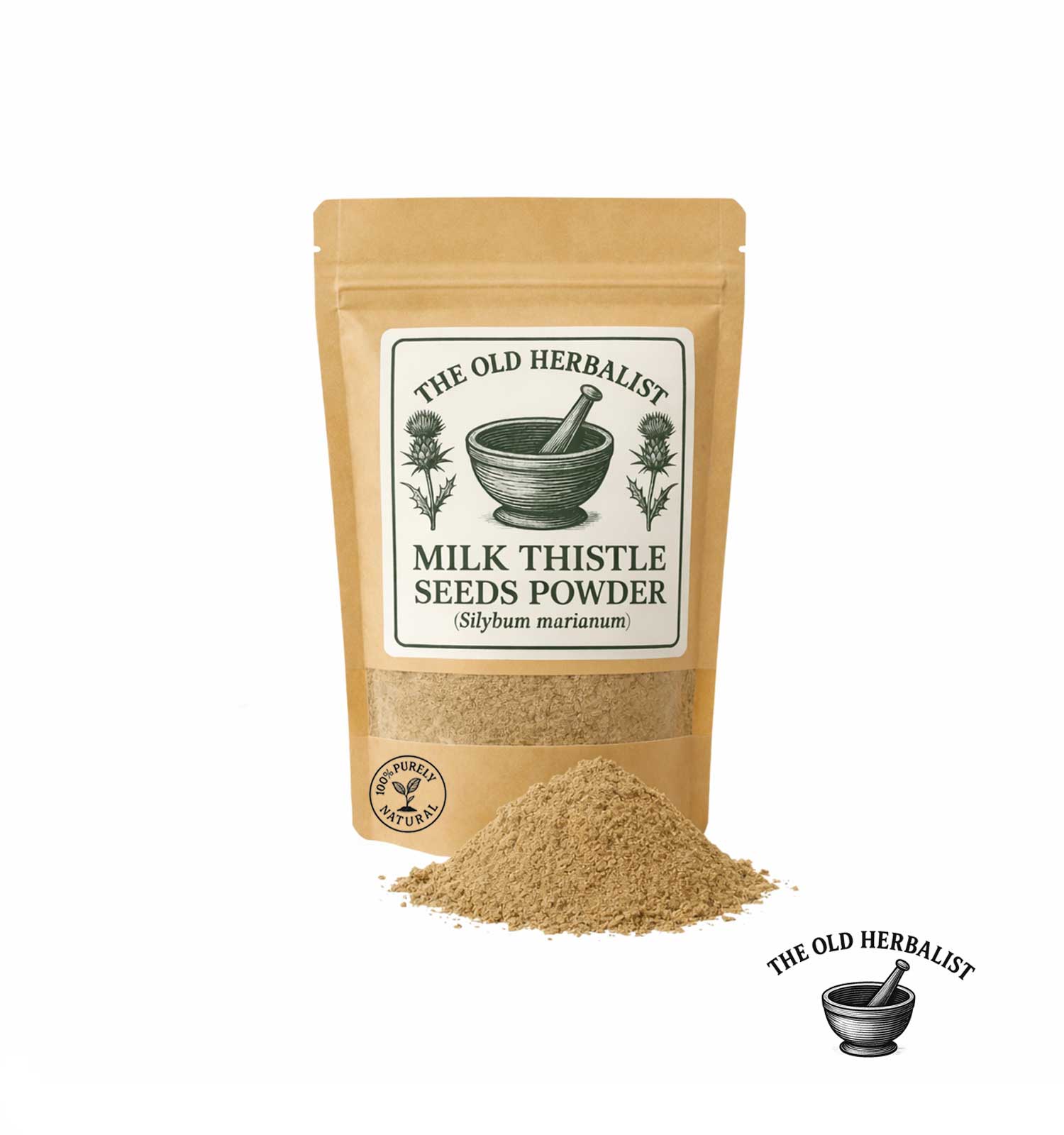 Milk thistle seeds powder in kraft pouch – herbal ingredient.
