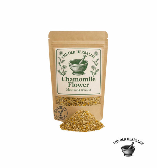 Dried chamomile flowers in kraft pouch – herbal tea ingredient.