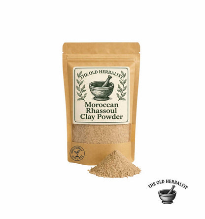Moroccan Rhassoul Clay Powder packaging with visible powder on a white background