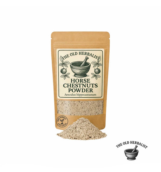Horse chestnut powder in kraft pouch – herbal ingredient.
