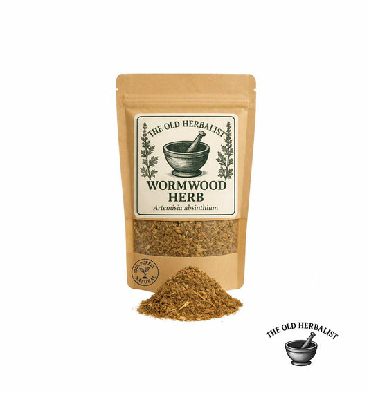 Dried wormwood herb in kraft pouch – Artemisia absinthium.