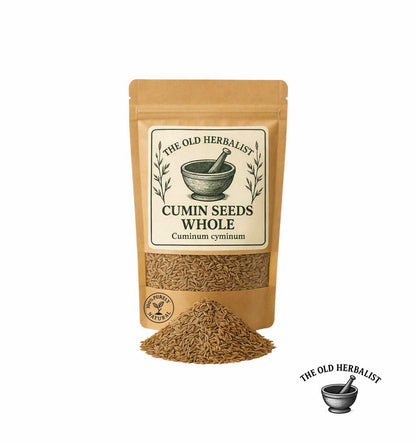 Whole cumin seeds in kraft pouch – natural spice ingredient.
