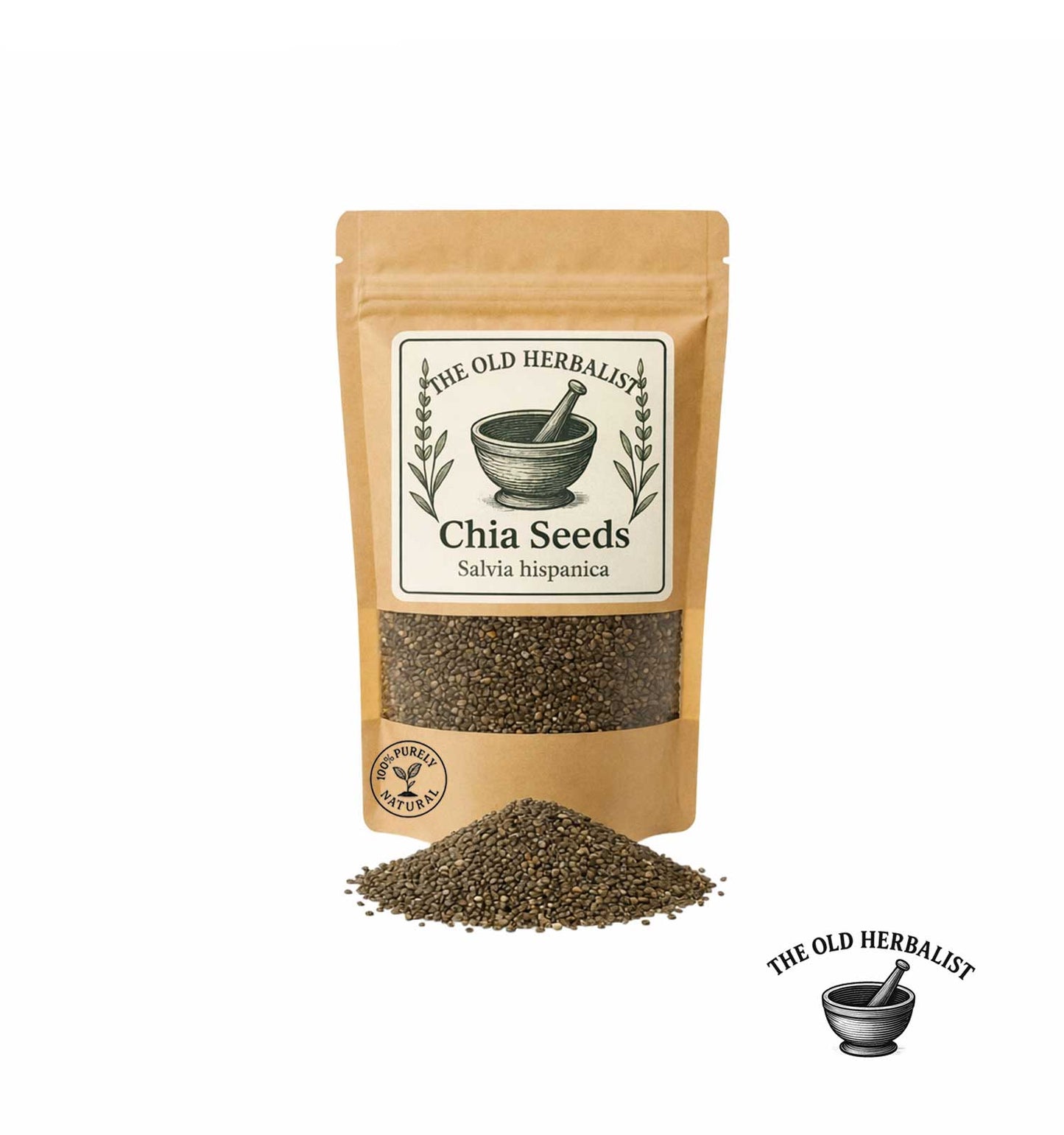 Dried chia seeds in kraft pouch – natural culinary ingredient.