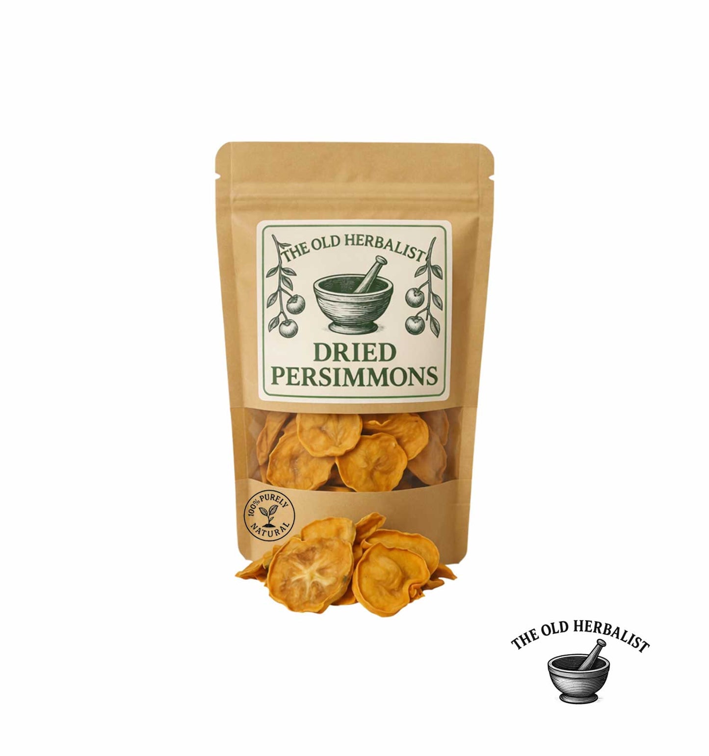 Dried persimmon slices in kraft pouch – natural fruit product.