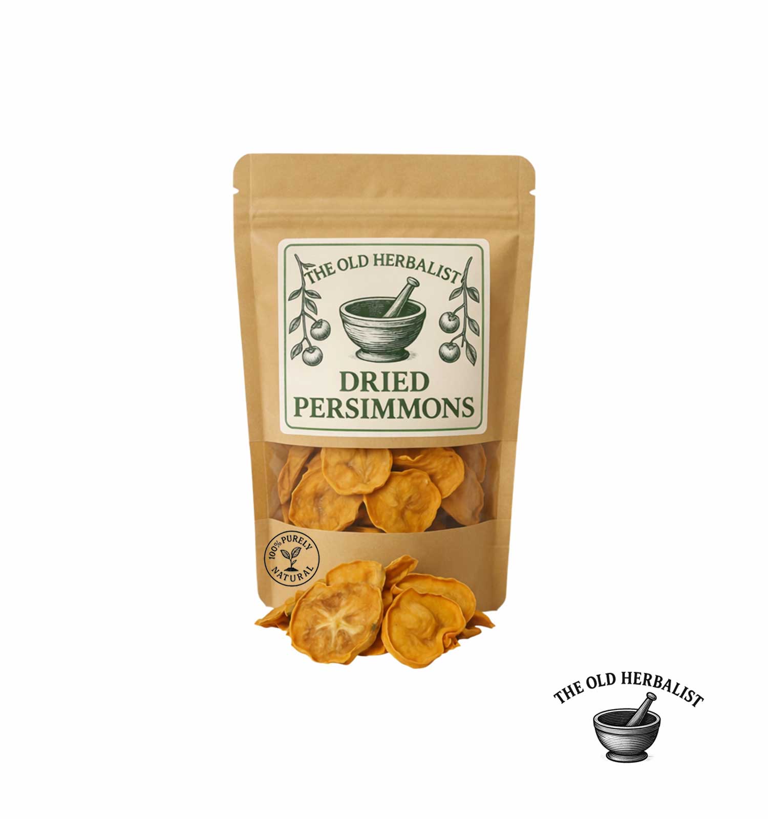 Dried persimmon slices in kraft pouch – natural fruit product.