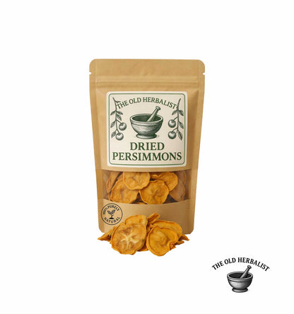Dried persimmon slices in kraft pouch – natural fruit product.
