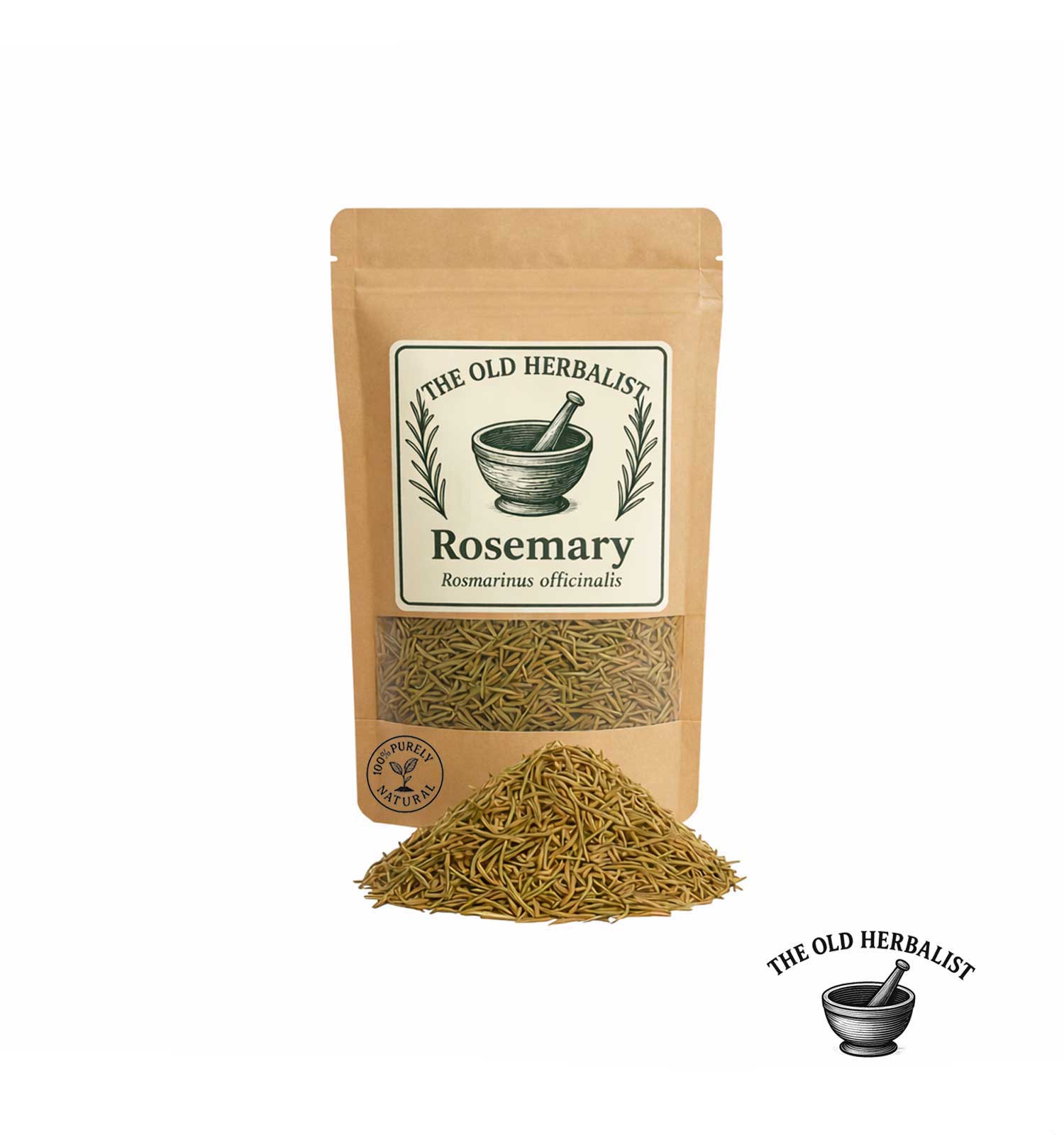 Dried rosemary leaves in kraft pouch – aromatic culinary herb.
