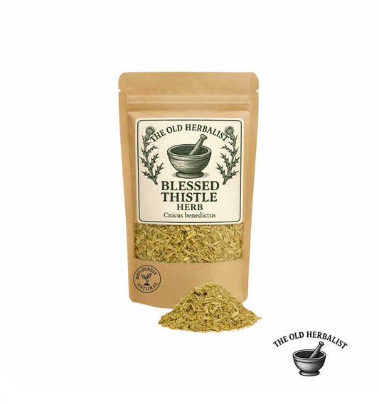 Dried blessed thistle herb in kraft pouch – herbal ingredient.
