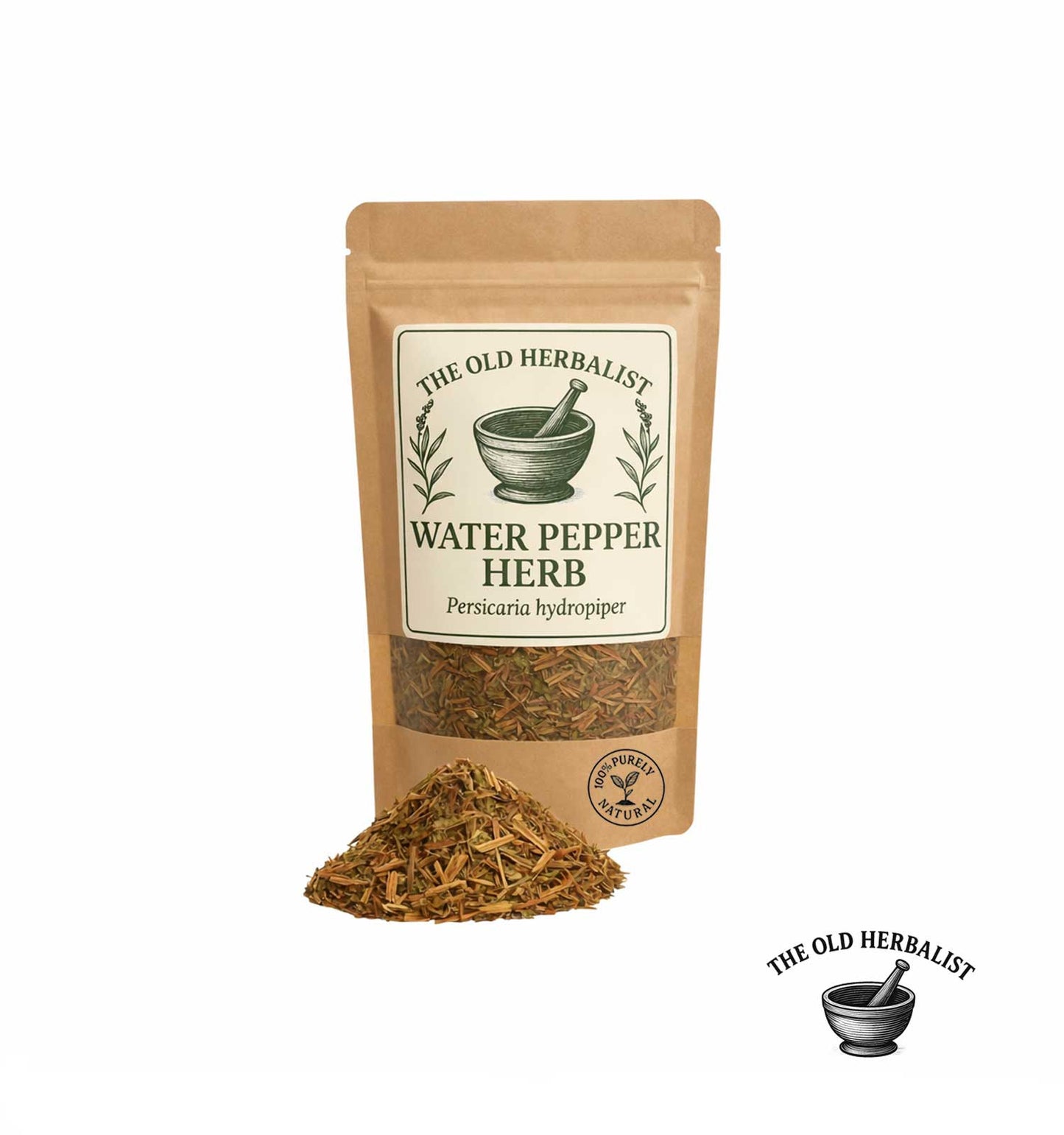Dried water pepper herb in kraft pouch – herbal ingredient.
