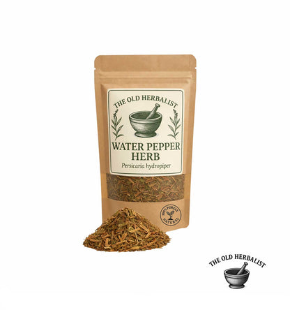 Dried water pepper herb in kraft pouch – herbal ingredient.
