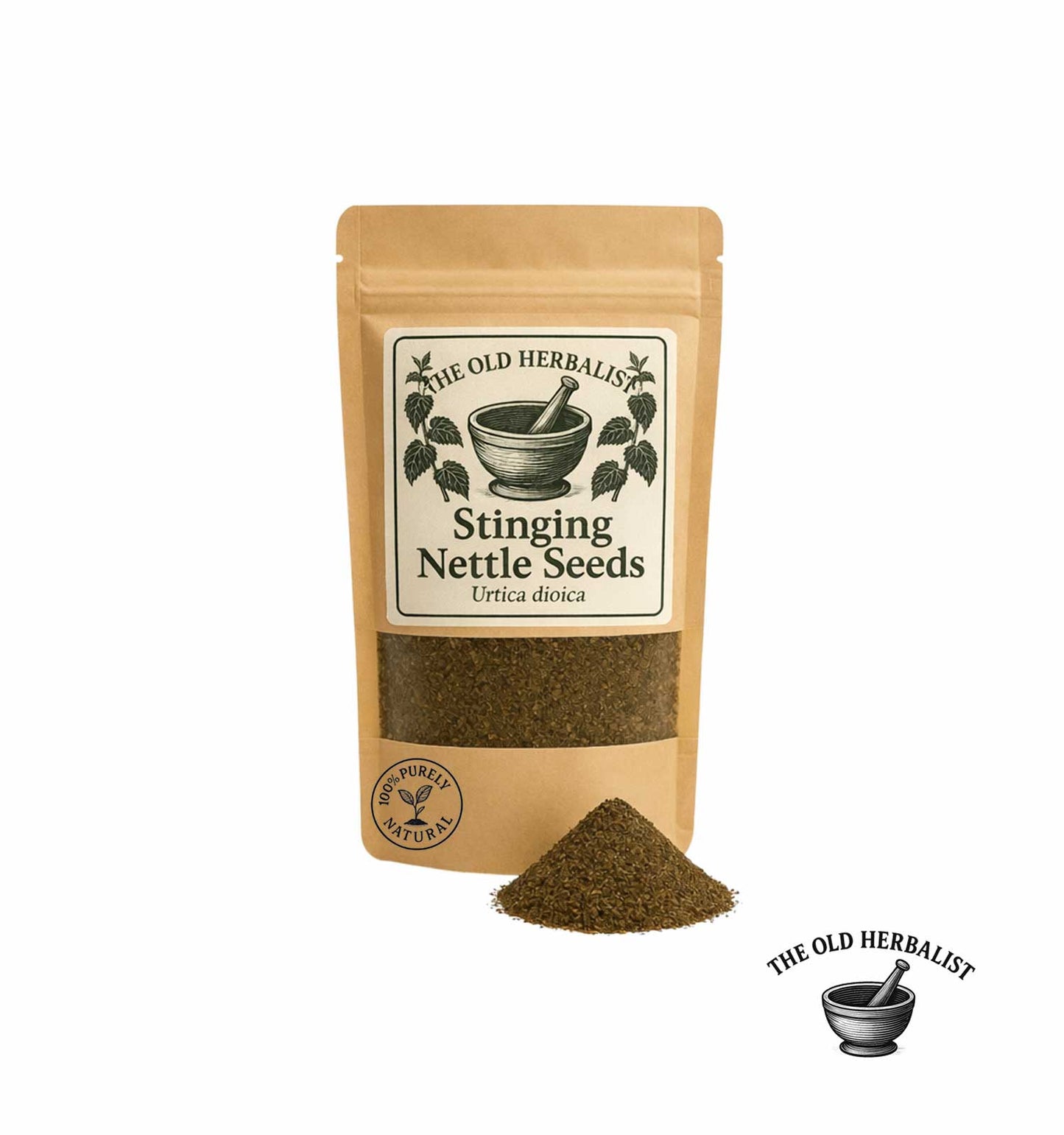 Stinging nettle seeds in kraft pouch – herbal ingredient.