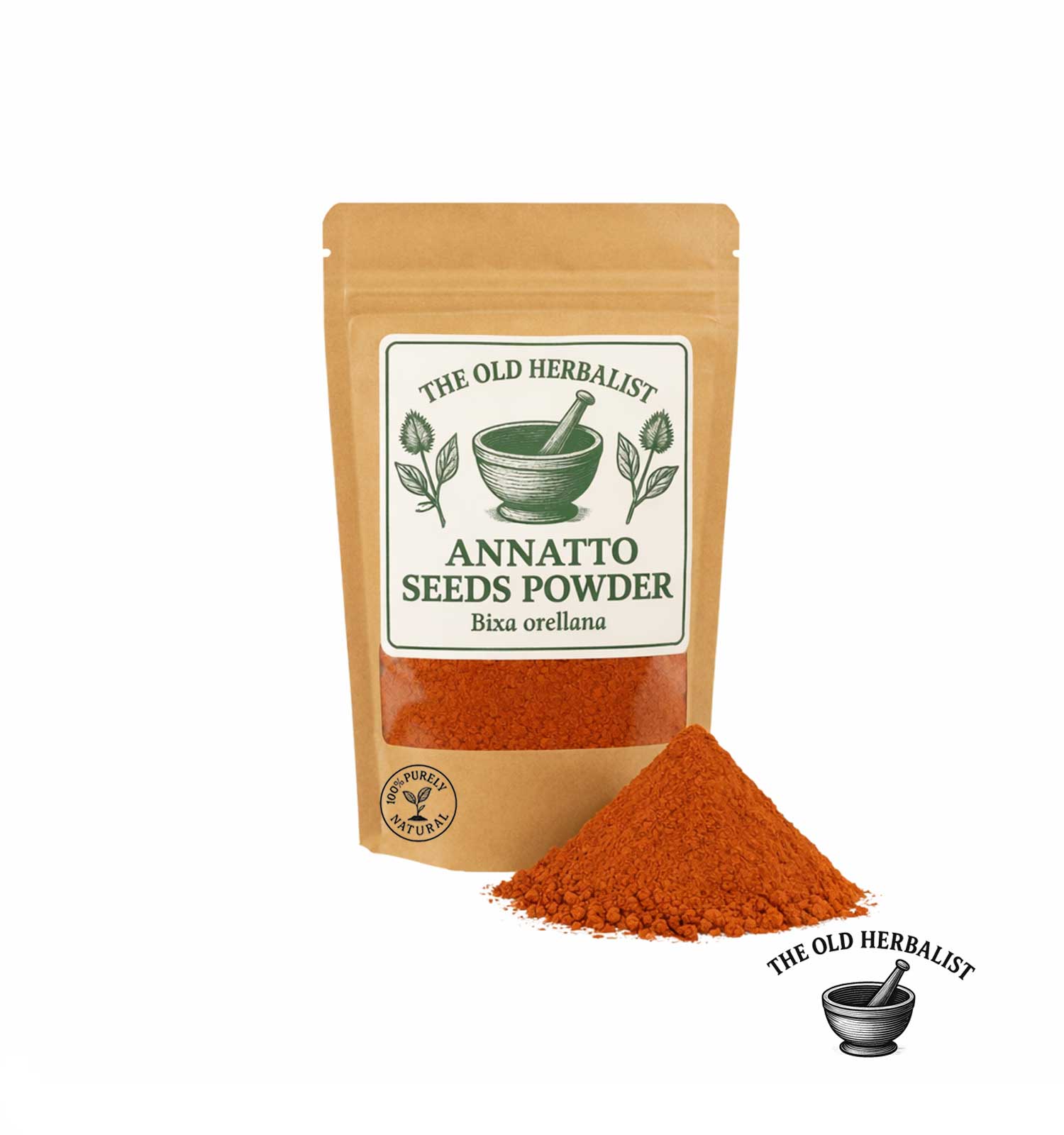 Dried annatto seeds powder in kraft pouch – natural culinary spice.
