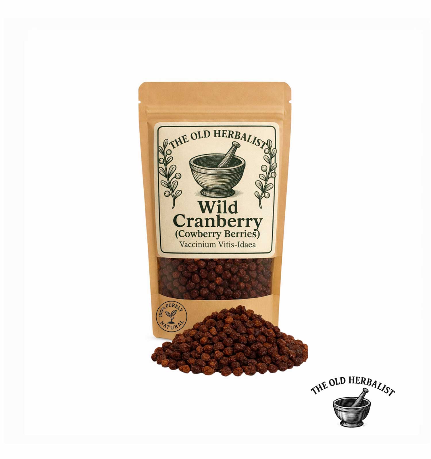 Dried wild cranberries in kraft pouch – natural forest berries.
