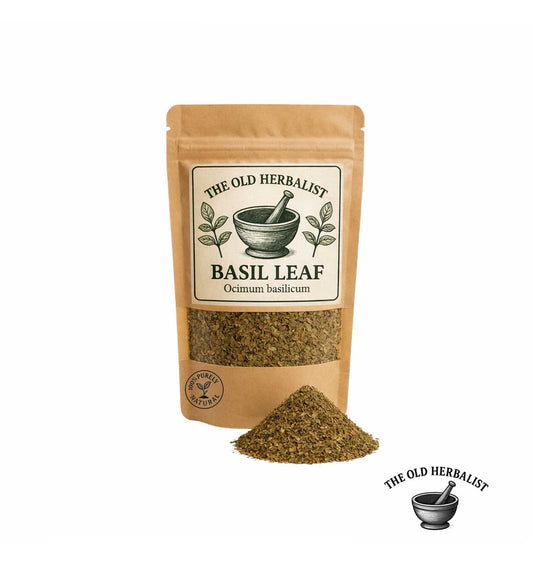 Dried basil leaf in kraft pouch – aromatic culinary herb.
