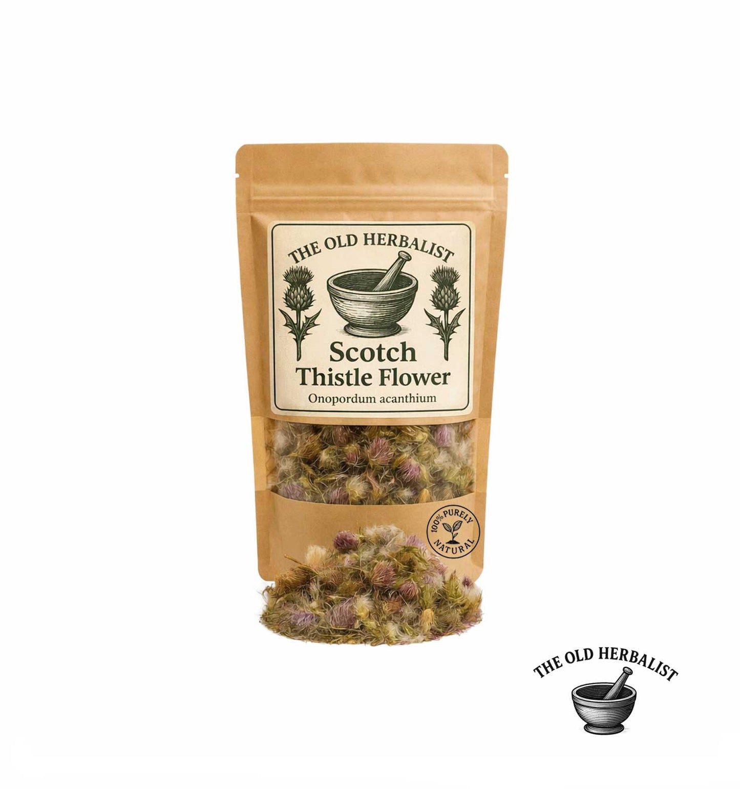 Dried Scotch thistle flowers in kraft pouch – herbal ingredient.
